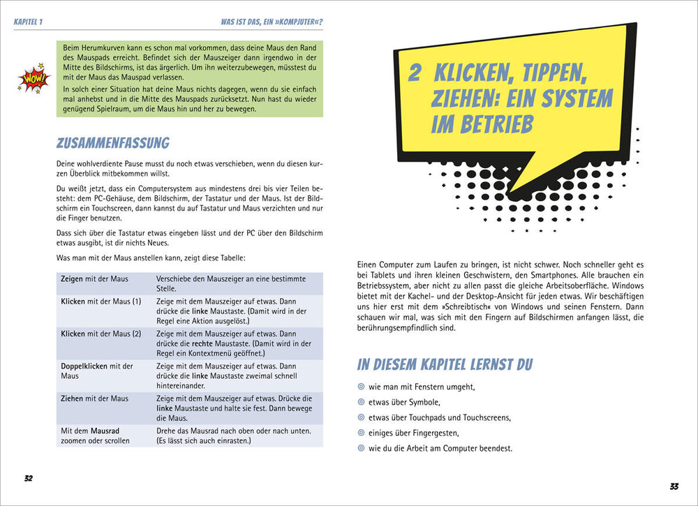 Seitenlayout mit Text, Überschriften, Tabelle und Sprechblase mit Titel "Klicken, tippen, ziehen: ein System im Betrieb".