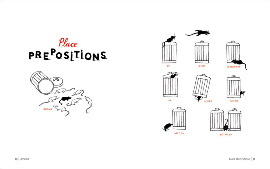 Zeichnung mit Mäusen, Käfigen und Platzierungsanweisungen für Präpositionen wie "among", "on", "in", "under", "beside", "next to"