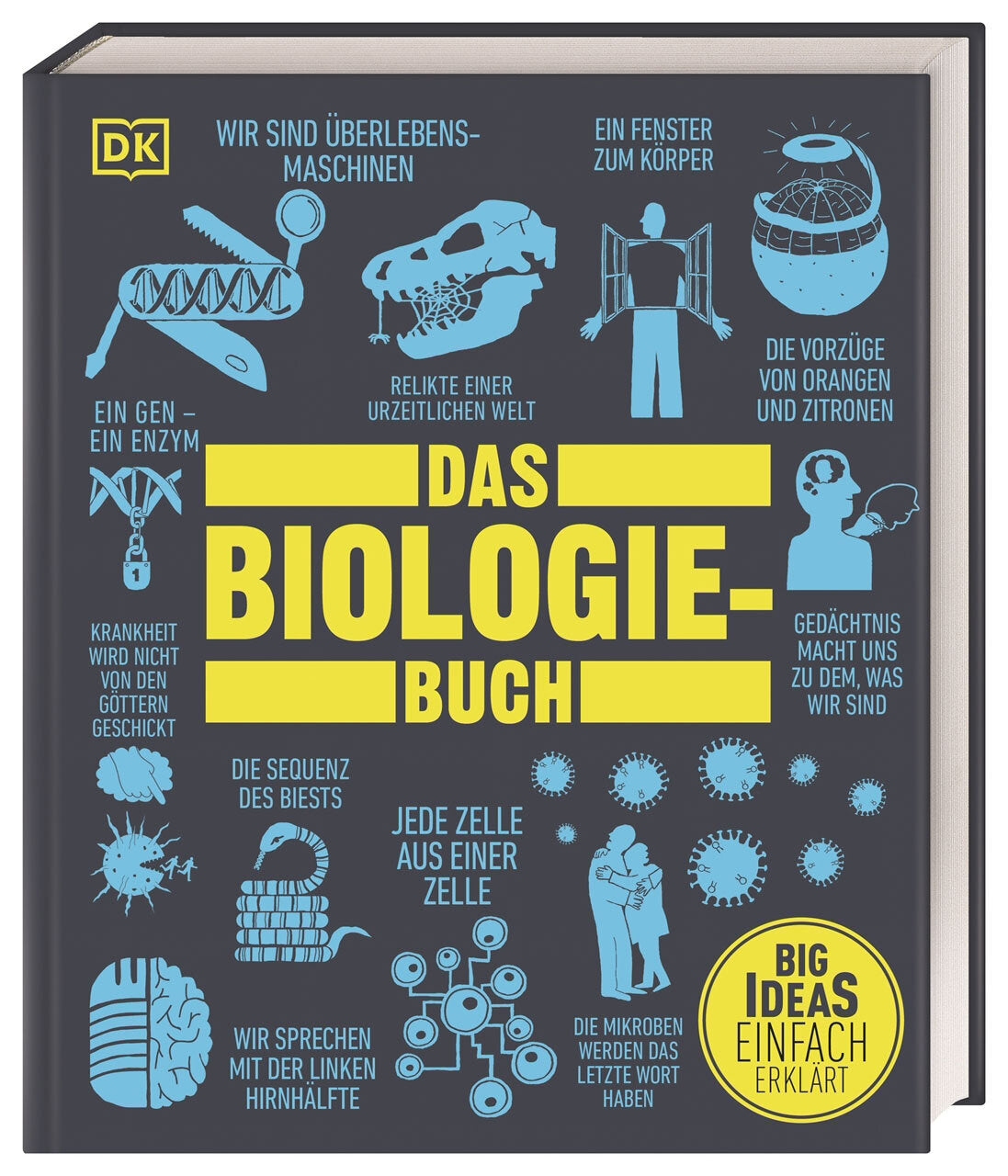 Buchcover mit blauen Illustrationen und Text über Biologie, z.B. DNA, Zellen, Mikroben, und humorvolle Beschreibungen.