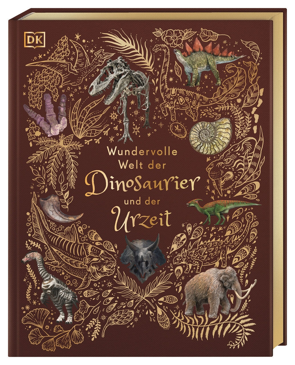Buchcover mit Dinosauriern, Fossilien und pflanzlichen Mustern, Titel: "Wundervolle Welt der Dinosaurier und der Urzeit".