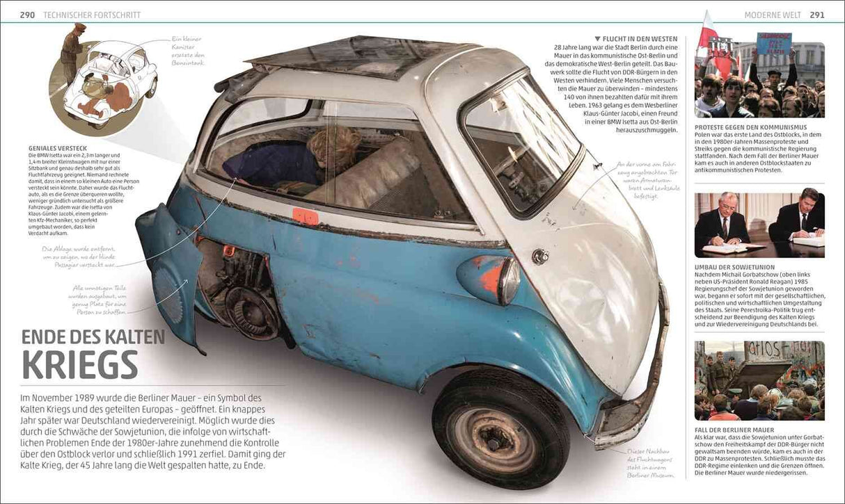 Ein alter, blauer und weißer Miniatur-Transporter mit sichtbaren Roststellen und offenem Motorraum.