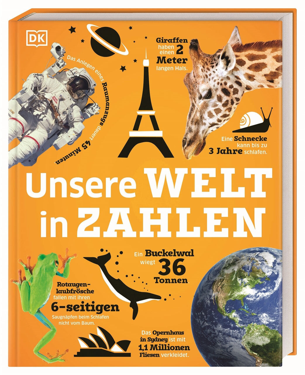 Buchcover mit Welt- und Tierbildern, Titel "Unsere Welt in Zahlen", Fakten zu Giraffen, Schnecken, Buckelwalen