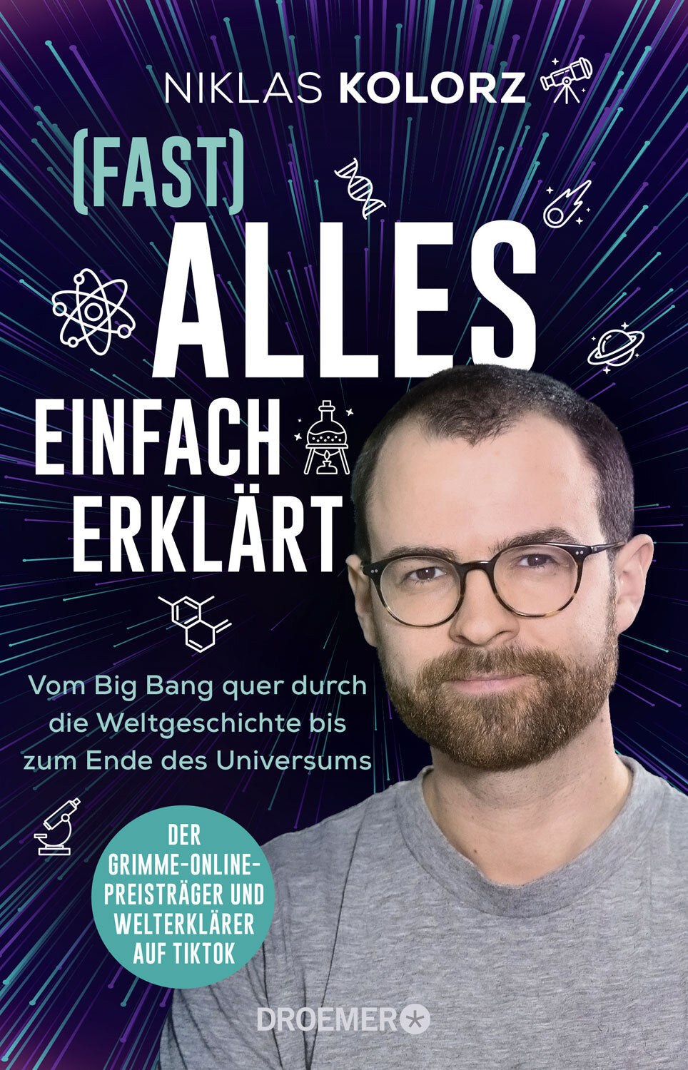 Buchcover mit Titel "Fast Alles Einfach Erklärt" und einem Mann mit Brille vor einem Weltraum-Hintergrund