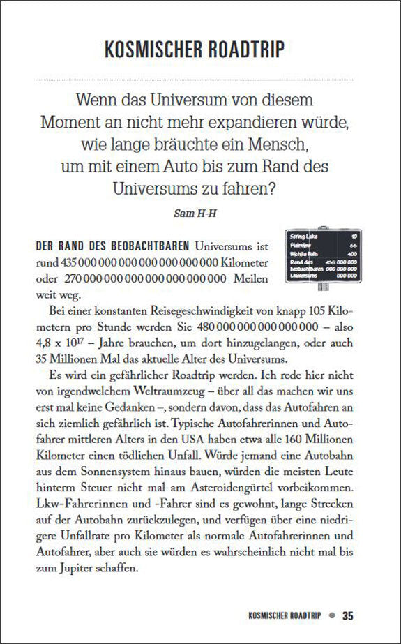 Seitenansicht eines Textes mit Überschrift "Kosmischer Roadtrip" und einem Zitat, gefolgt von mehreren Absätzen.