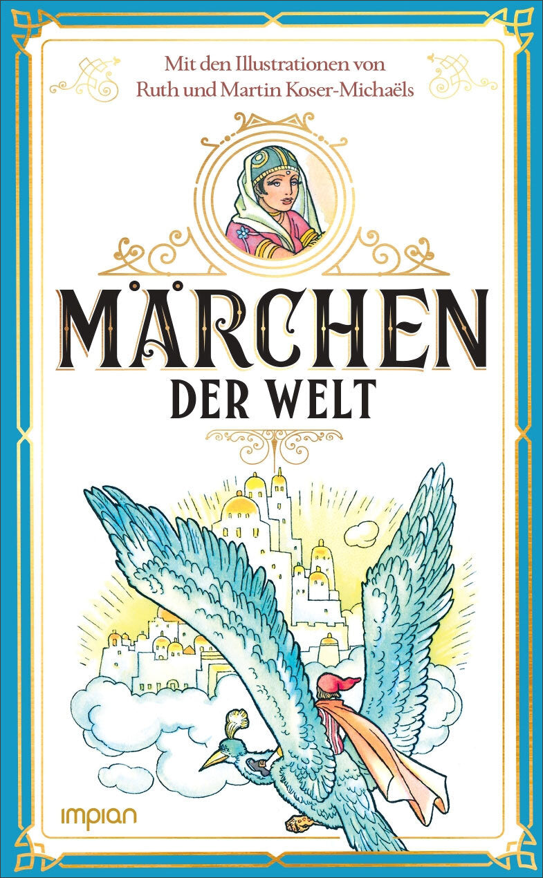 Buchcover mit Illustration eines fliegenden Vogels mit menschlichem Kopf, Stadt im Hintergrund, goldene und blaue Rahmen.