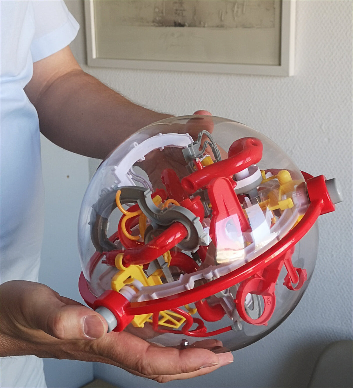 Hand hält eine transparente Kugel mit komplexen roten, gelben und grauen Kunststoffteilen.