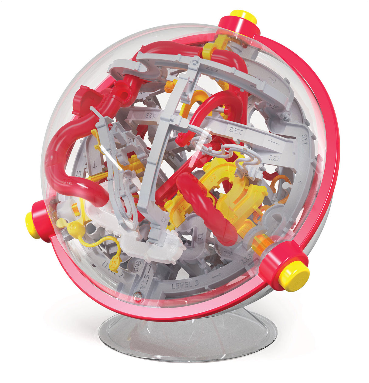 Kugel mit transparentem Gehäuse, innen rote, gelbe und graue mechanische Teile, verbunden durch Schläuche und Kabel.