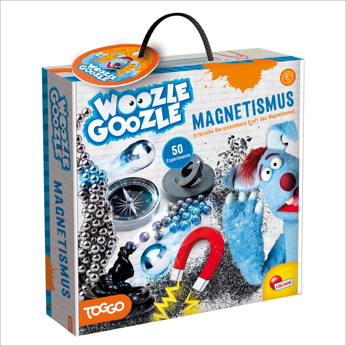 Spielset "Woozle Gozzle Magnetismus" mit Experimenten, Magneten, Kugeln, Kompass und Plüschfigur, für Kinder ab 8 Jahren.