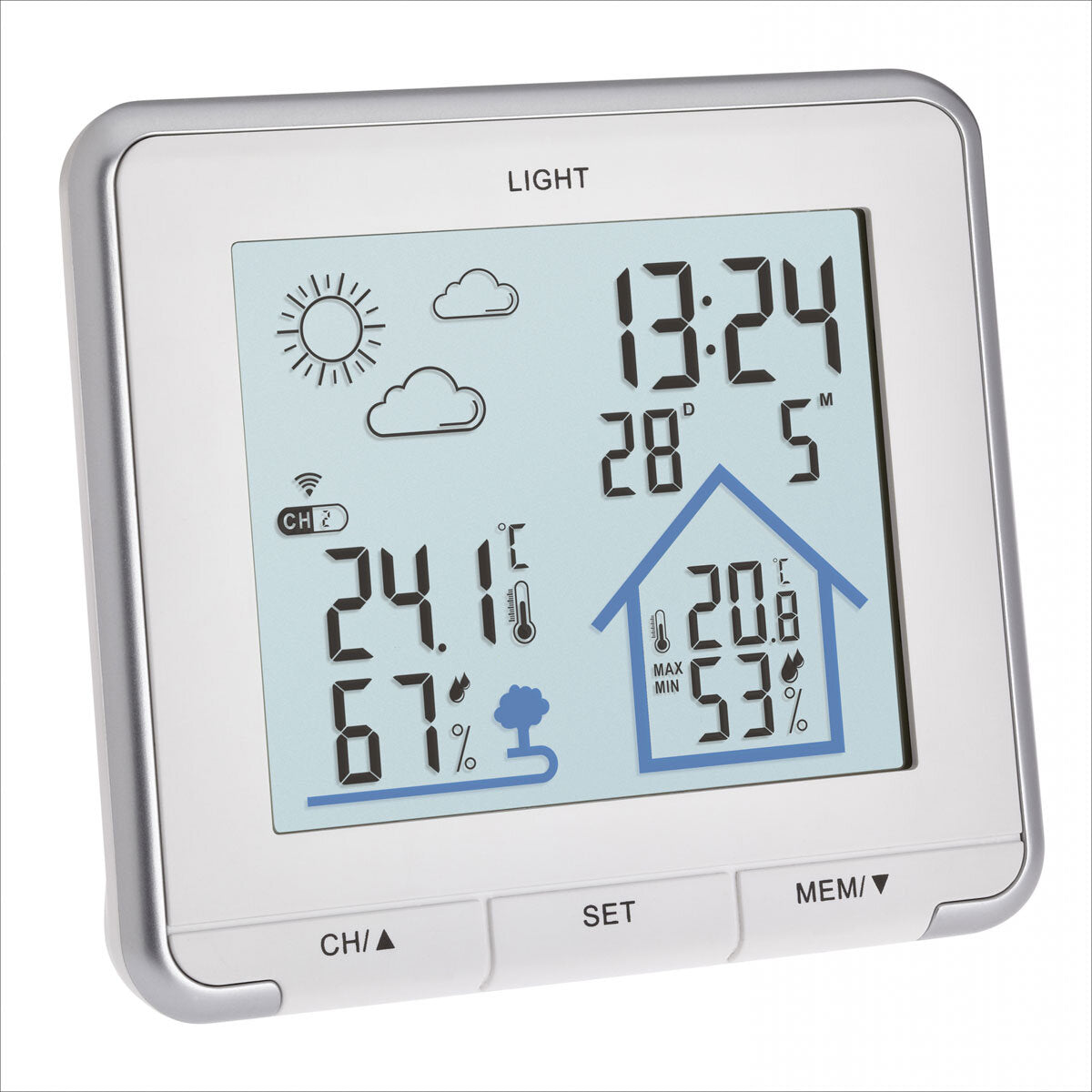 Digitales Wetter- und Uhr-Display mit Temperatur, Luftfeuchtigkeit, Wettervorhersage und Haus-Icon.
