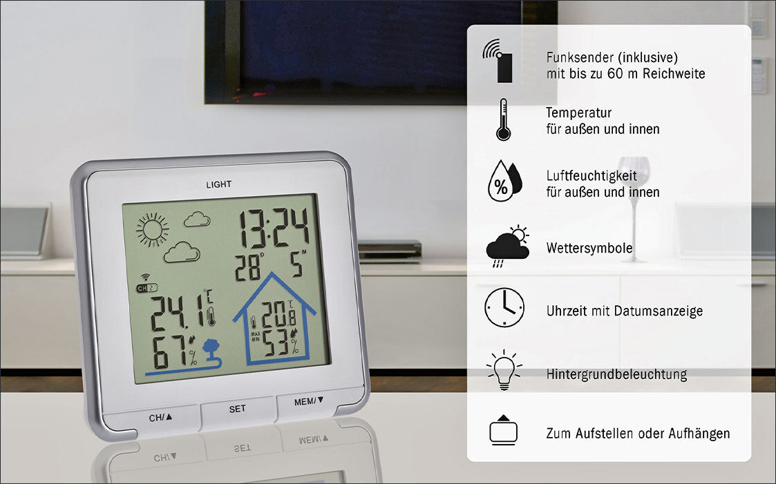 Digitales Wetter- und Innenraumgerät mit Uhr, Temperatur, Luftfeuchtigkeit, Wetter- und Wetteranzeige.