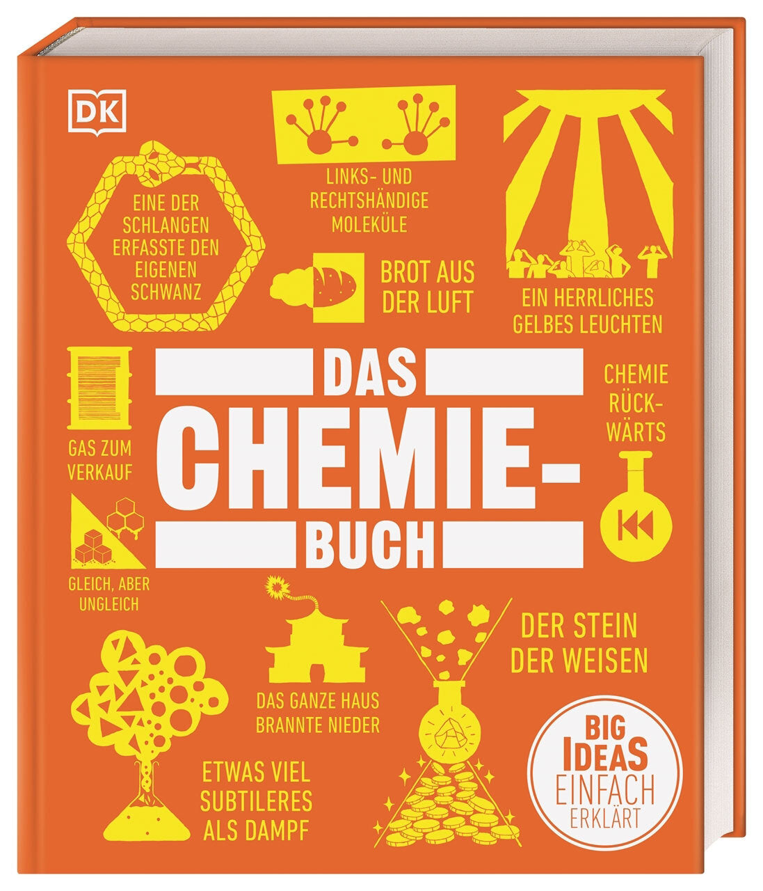 Buchcover mit gelben Illustrationen und Text auf orangefarbenem Hintergrund, Titel: "Das Chemie-Buch".
