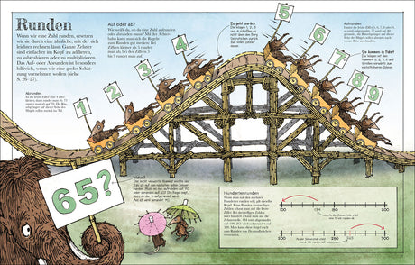 Illustration eines Holzachterbahn mit Mäusen, die Zahlen 1 bis 9 auf Schildern halten, und Text zu Runden und Zahlenregeln.