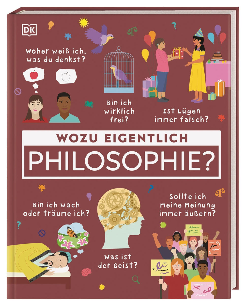 Illustration eines Buchcovers mit Menschen, Tieren, Symbolen und Fragen zu Philosophie, Denken und Bewusstsein.