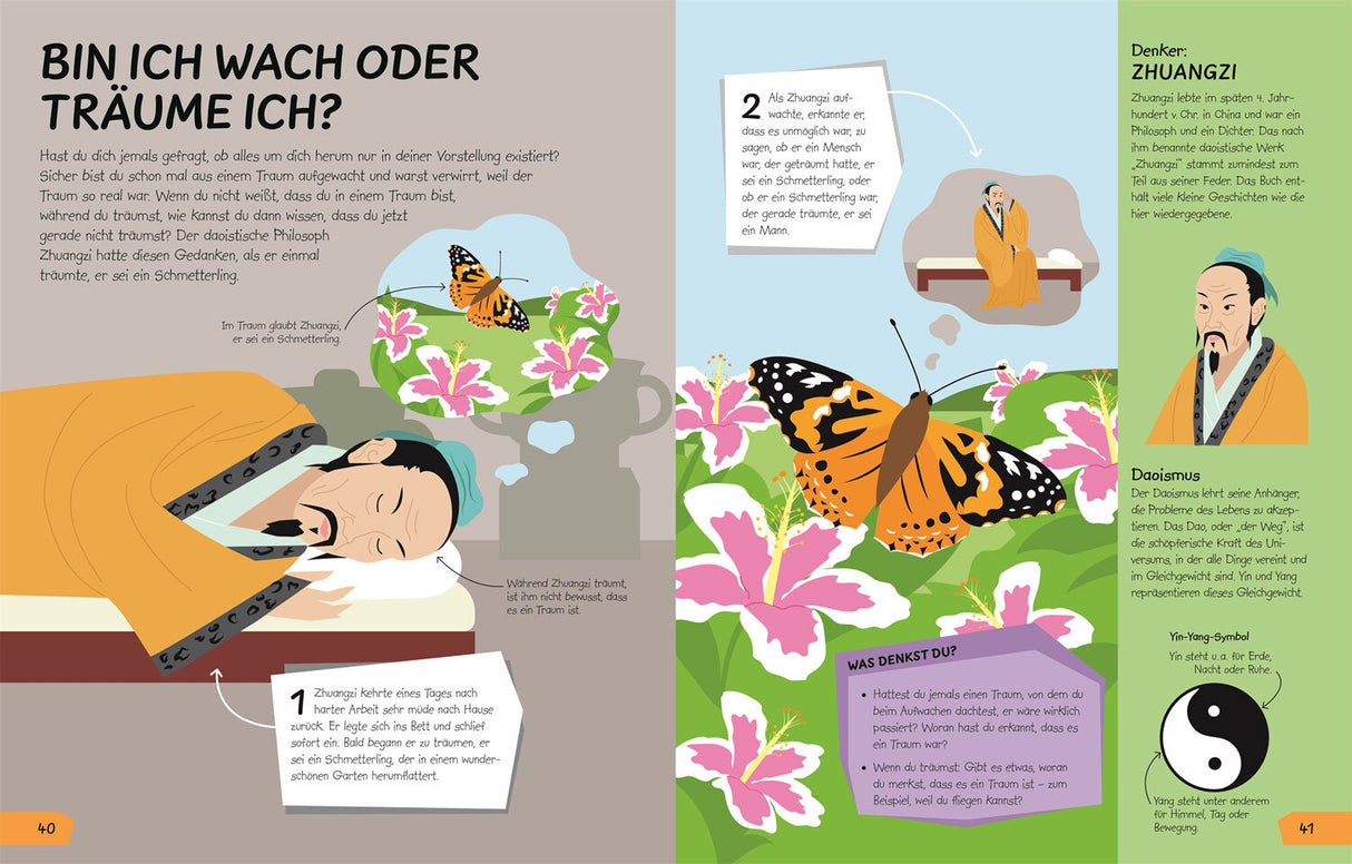 Mann schläft auf einem Bett, über ihm eine Traumblase mit einer Schmetterling und Blumen.