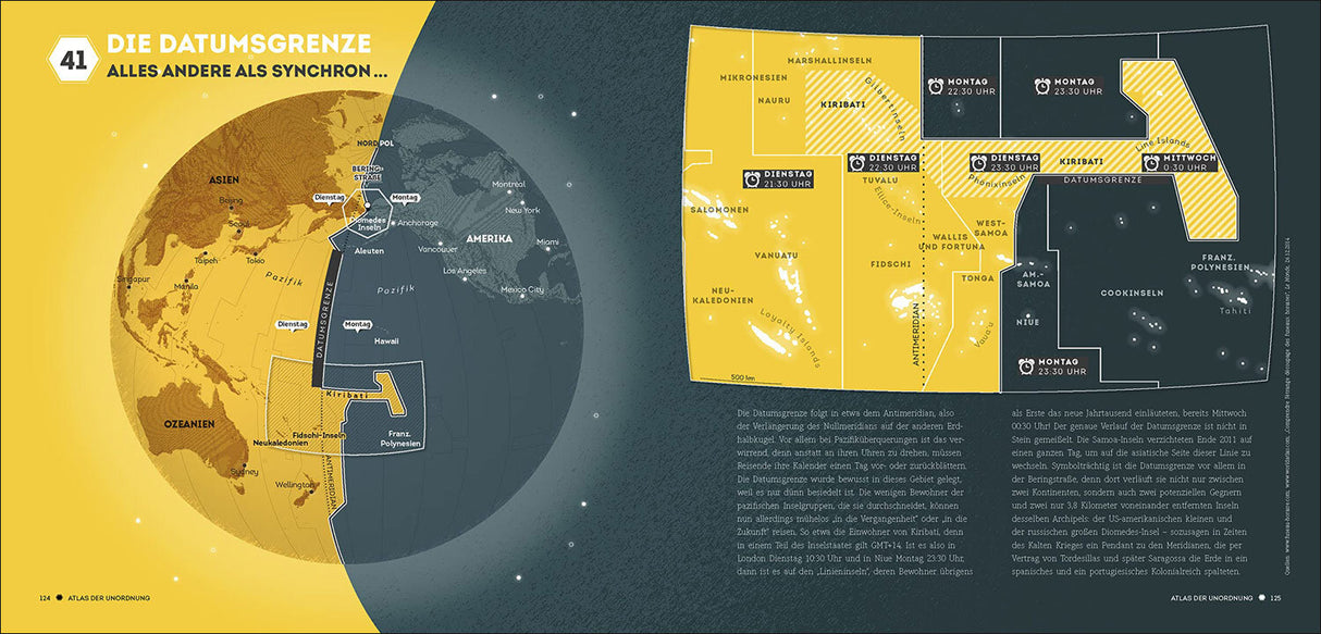 Karte der Datumsgrenze mit Zeitangaben, Weltkarte, Inseln und Ländern, farblich markiert, mit erklärendem Text.