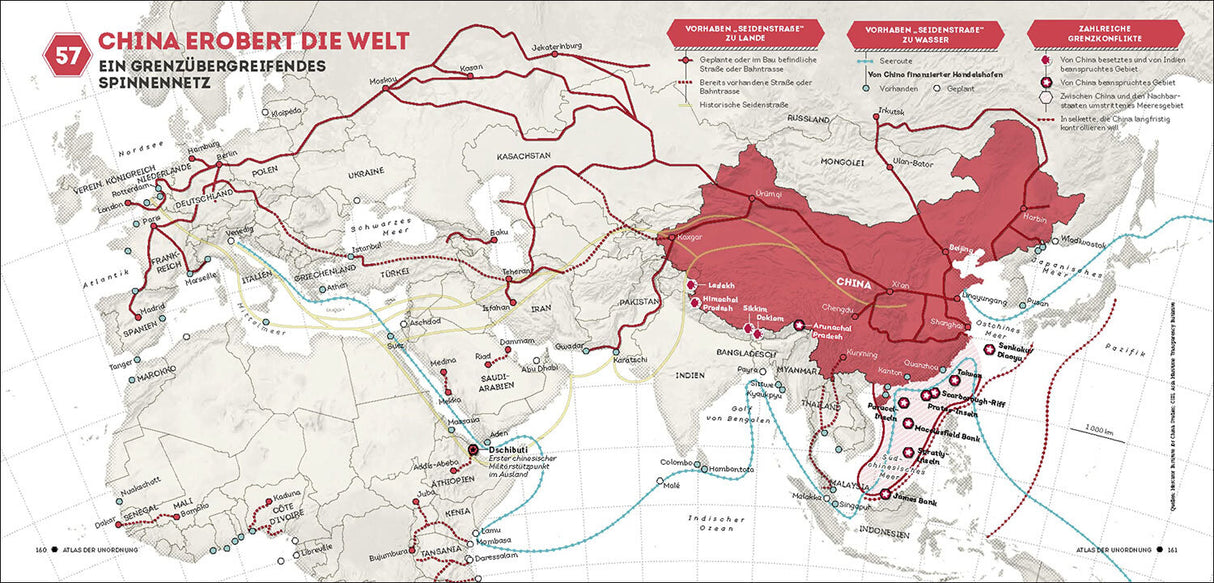Karte zeigt Chinas grenzüberschreitendes Spinnennetz mit Handels- und Infrastrukturprojekten, inklusive Wasser- und Landrouten.