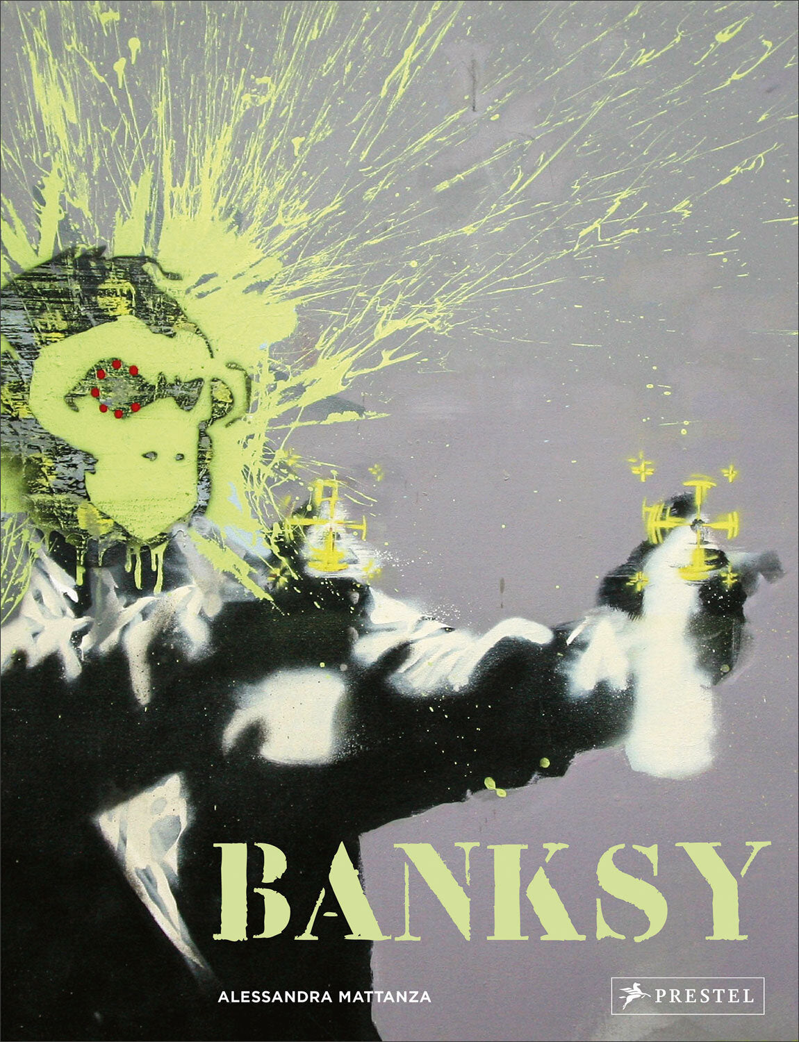 Buchcover mit Graffiti-Kunst, einer Hand, die eine Waffe hält, und dem Titel "Banksy" in großen Buchstaben.