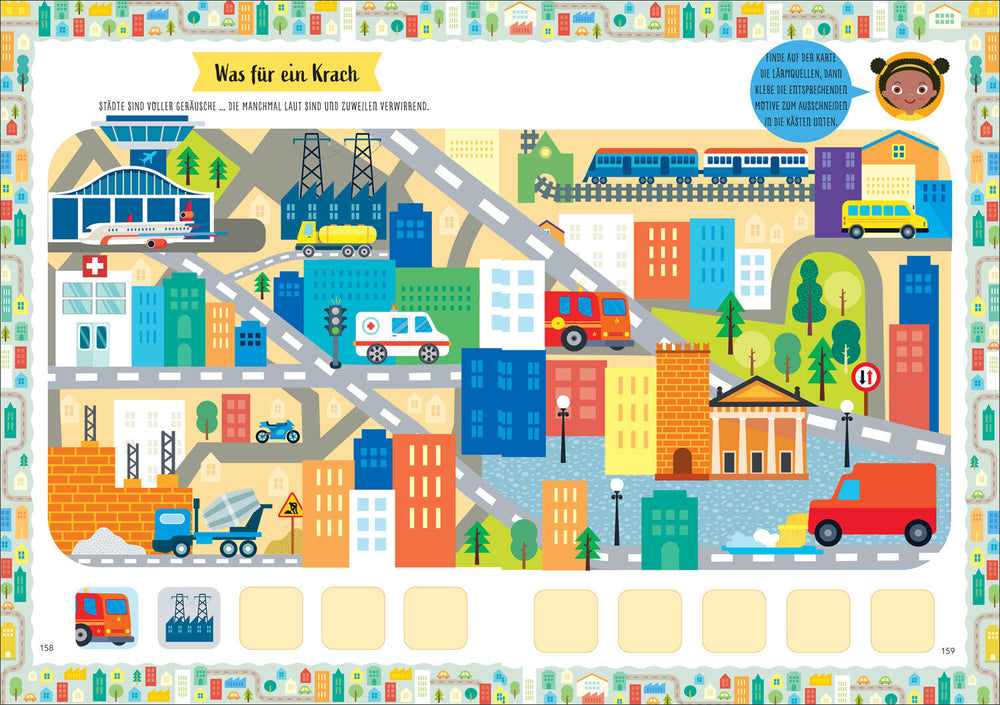 Bunte Stadt mit Gebäuden, Straßen, Fahrzeugen, Bäumen und einer Brücke, inklusive Feuerwehr, Ambulanz, Zug und Baustelle.