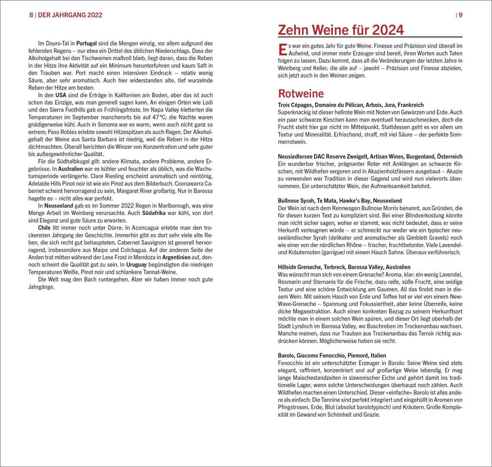 Zehn Weine für 2024, Beschreibung verschiedener Weinregionen, Weinsorten und Geschmacksprofile.