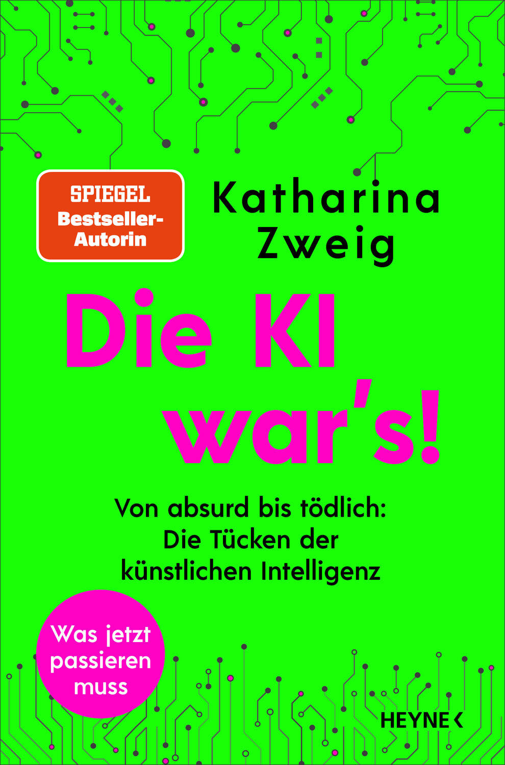Buchcover mit grüner Hintergrundfarbe, pinken und schwarzen Texten, und einem Muster aus Schaltkreisen.