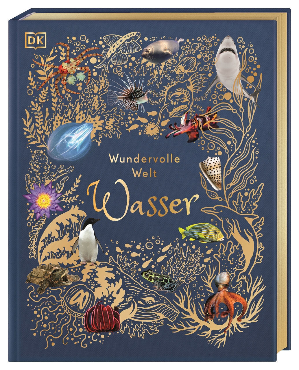 Buchcover mit Wasser-Tieren und Wasserpflanzen, Titel: "Wundervolle Welt Wasser".