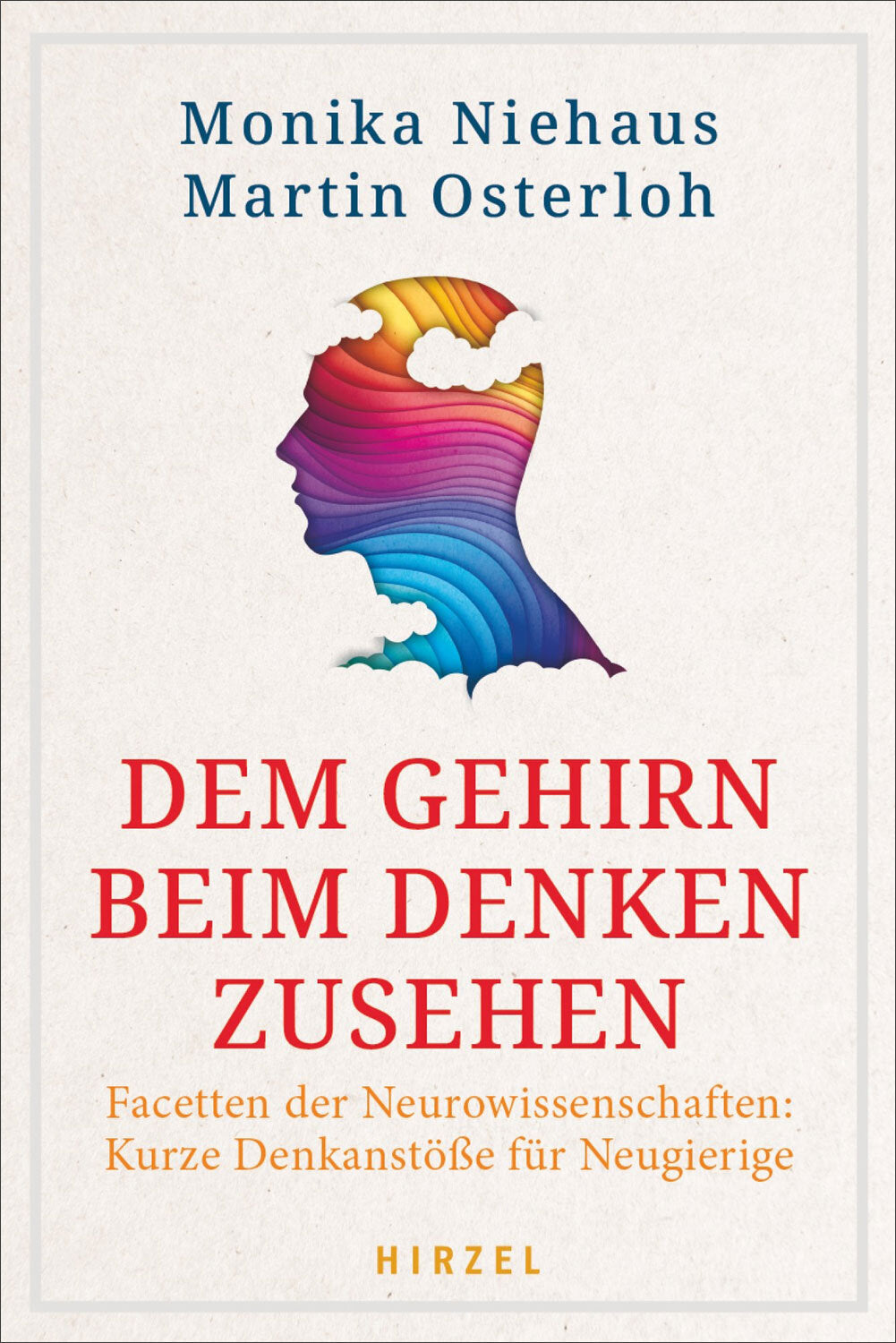 Buchcover mit Silhouette eines Kopfes, gefüllt mit bunten, wellenförmigen Linien und Wolken.