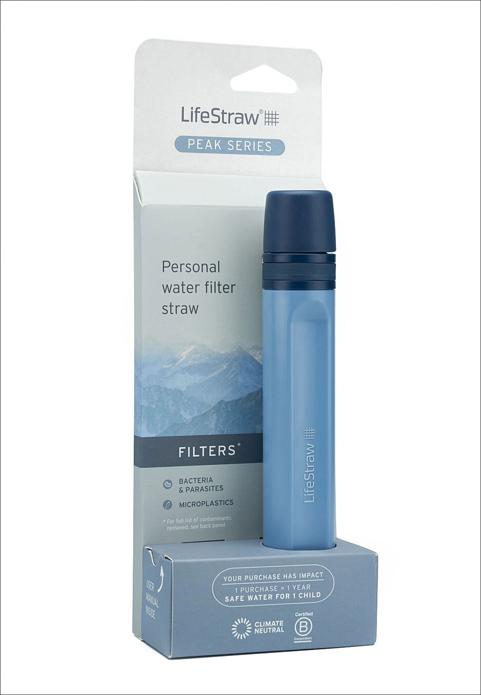 Ein blauer personaler Wasserfilter-Strohhalm in Originalverpackung mit Verpackungstexten auf weißem Hintergrund.