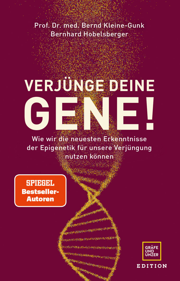 Buchcover mit DNA-Doppelhelix in Gold auf dunkelrotem Hintergrund, Titel "Verjünge deine Gene!", Autorenname und Verlag.