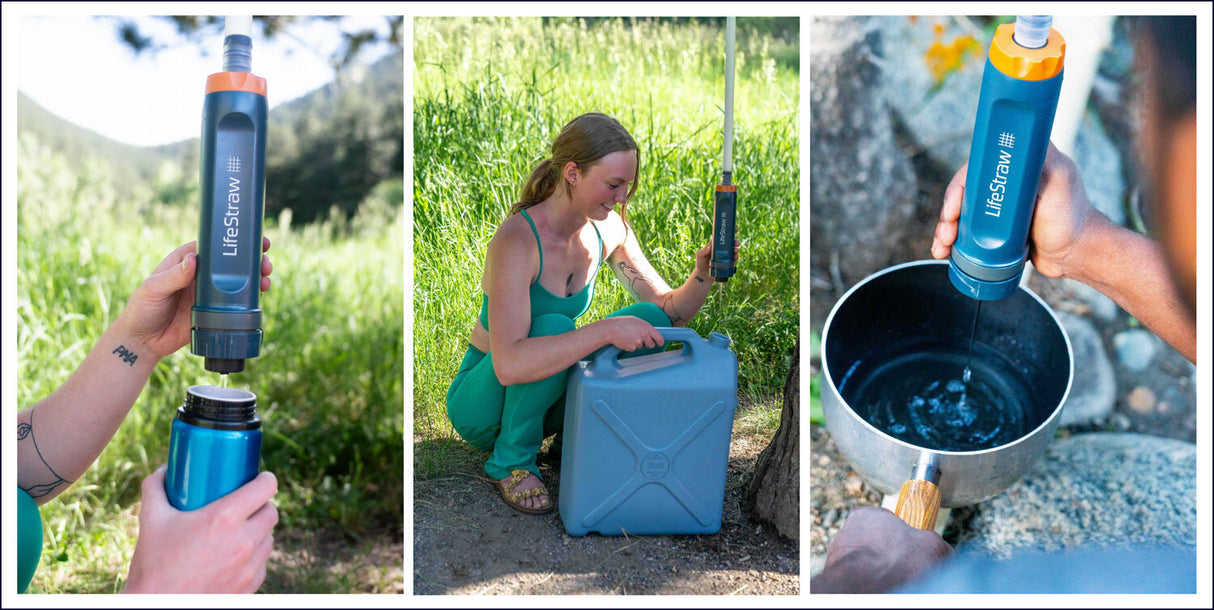 Drei Bilder: Das erste zeigt eine Hand, die eine Wasserflasche mit einem Wasserfilter auffüllt. Das zweite zeigt eine Frau im Grünen, die einen Wasserfilter an einem Baum befestigt und eine Wasserflasche hält. Das dritte zeigt eine Hand, die Wasser aus ei