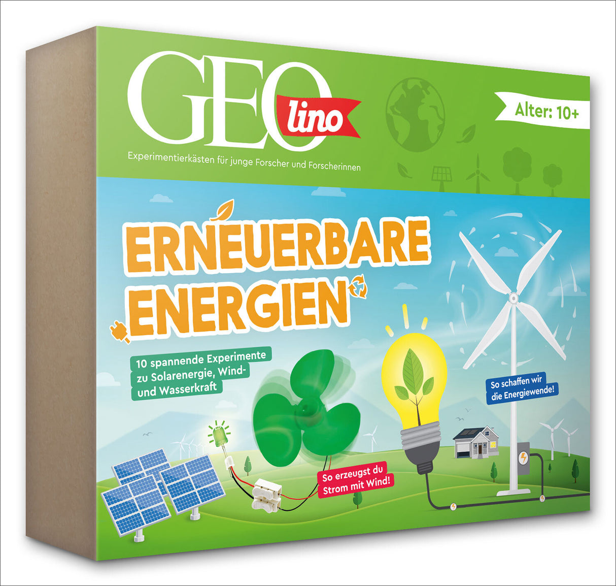 Box mit Experimentierkasten "Erneuerbare Energien" für Kinder ab 10 Jahren, mit Solar-, Wind- und Wasserkraft-Experimenten.
