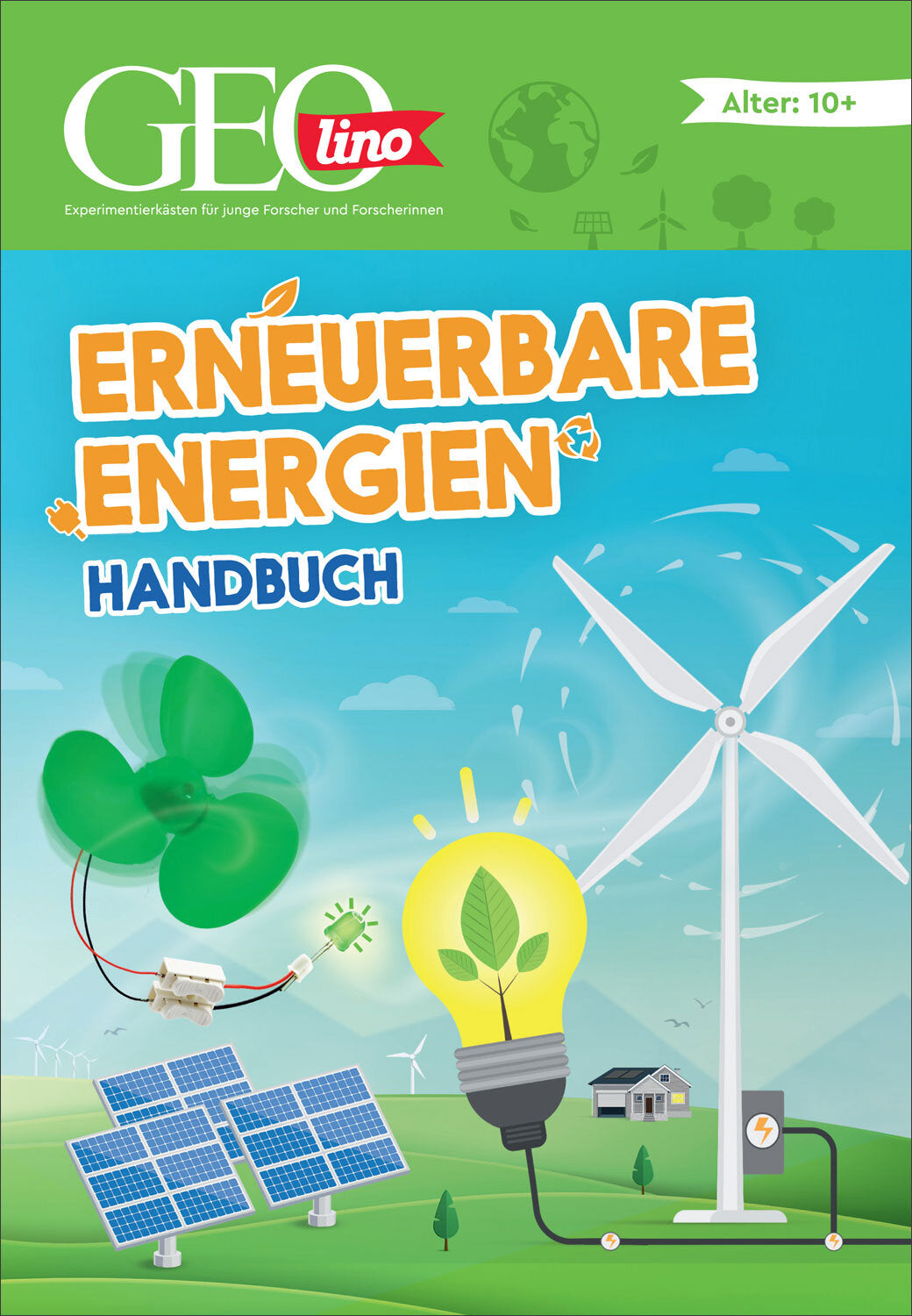 Cover eines Handbuchs mit Windrädern, Solarpanels, Glühbirne mit Blatt, Propeller und Energiesymbolen