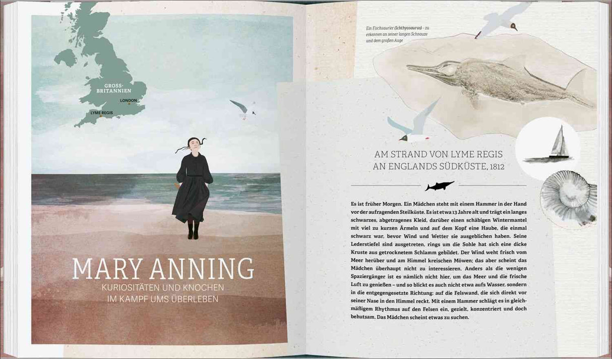 Illustration einer Frau am Strand, Text über Mary Anning, Fossilien und Meeresleben, Karte von Großbritannien.