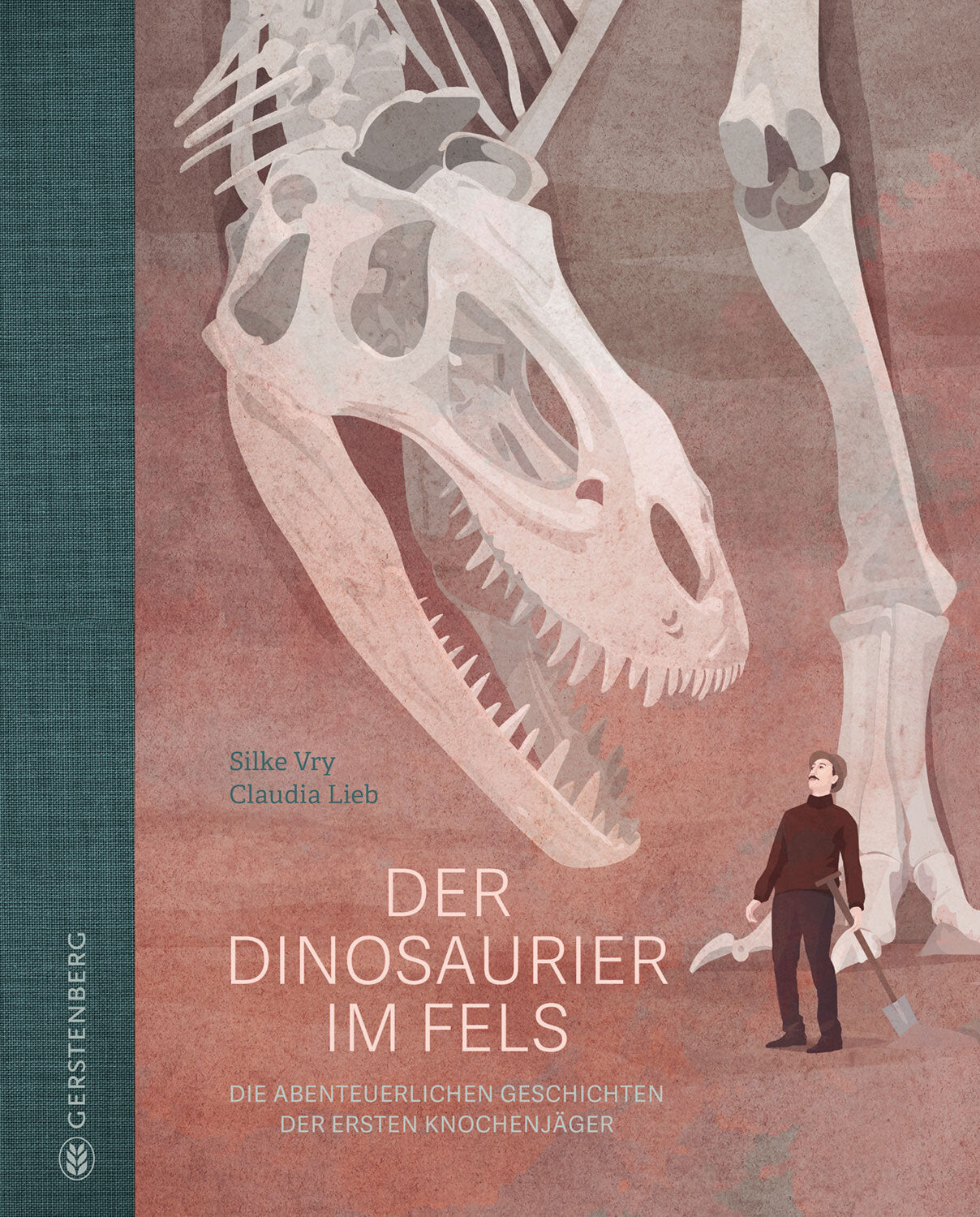 Illustration eines Dinosaurierschädels und eines Menschen mit Spitzhacke vor einem großen Dinosaurier.