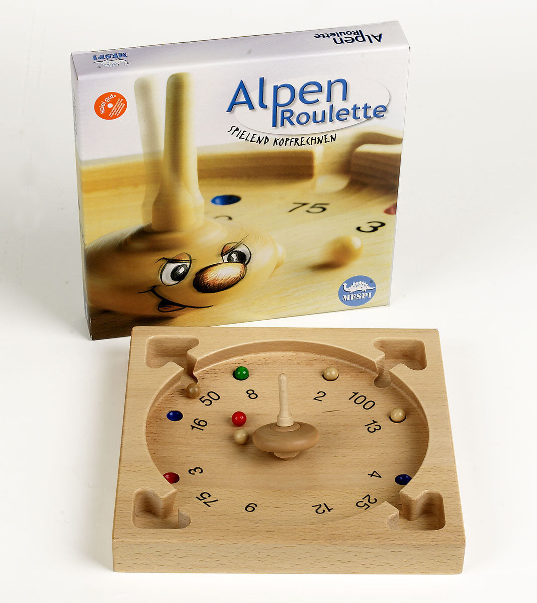 Holzspielzeug mit drehbarem Rad, bunten Kugeln und Zahlen, daneben die Verpackung mit Spielanleitung und Cartoon-Gesicht.