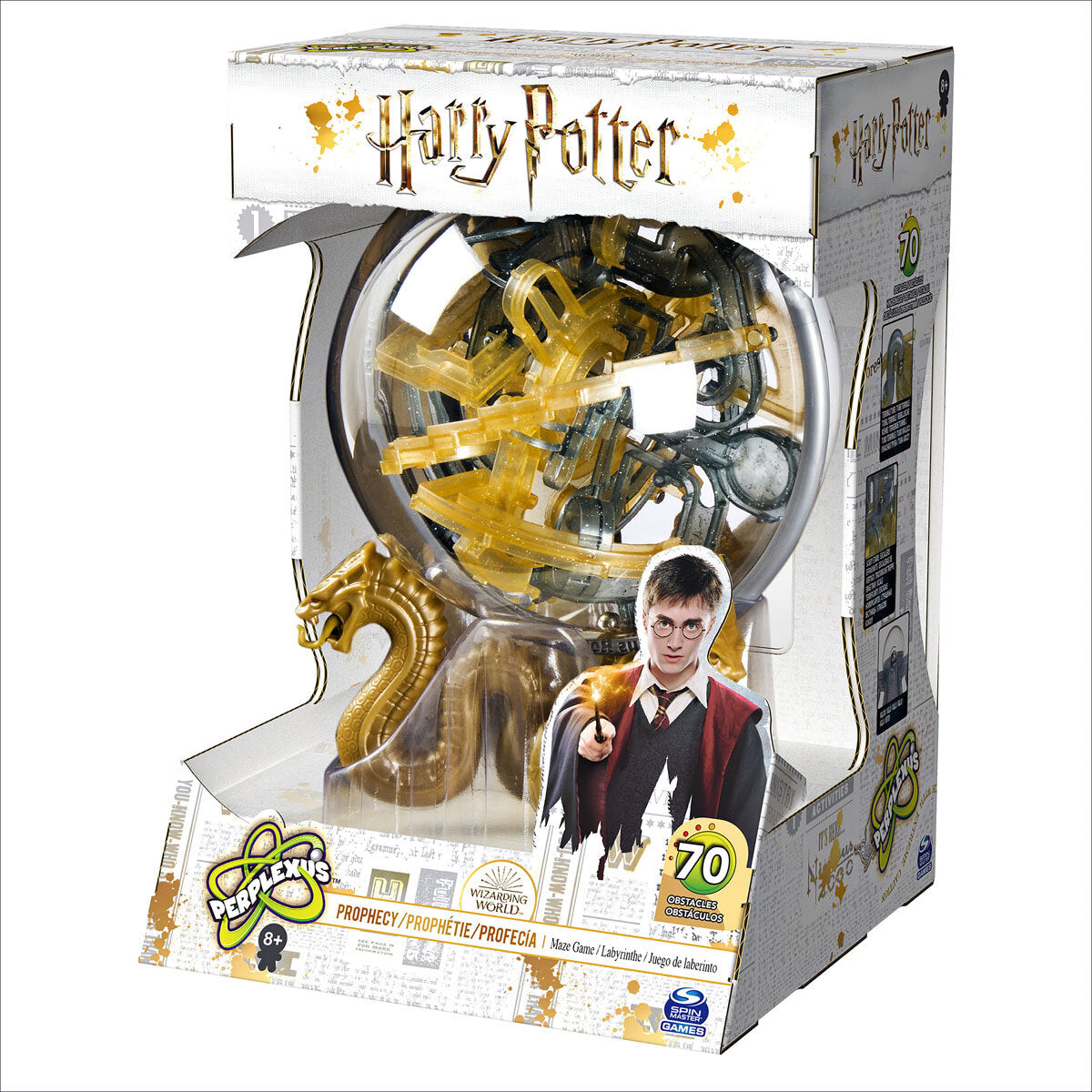 Harry Potter Perplexus Maze-Spiel mit goldener Schlange, Harry-Potter-Logo und Bild von Harry mit Zauberstab auf Verpackung.