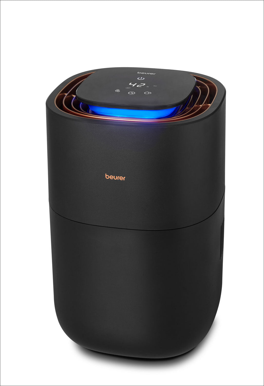 Luftreiniger mit digitaler Anzeige, blauer Lichtquelle und schwarzen Gehäuse, Marke beurer.