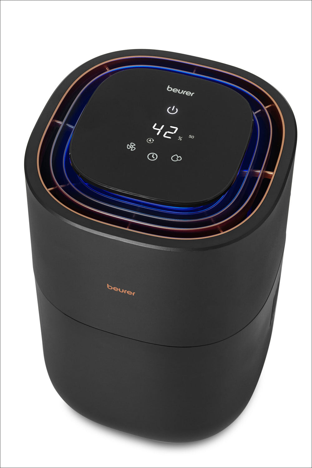 Digitaler Luftbefeuchter mit Touchscreen-Display, zeigt 42 % Luftfeuchtigkeit, mit blauer und roter Beleuchtung.