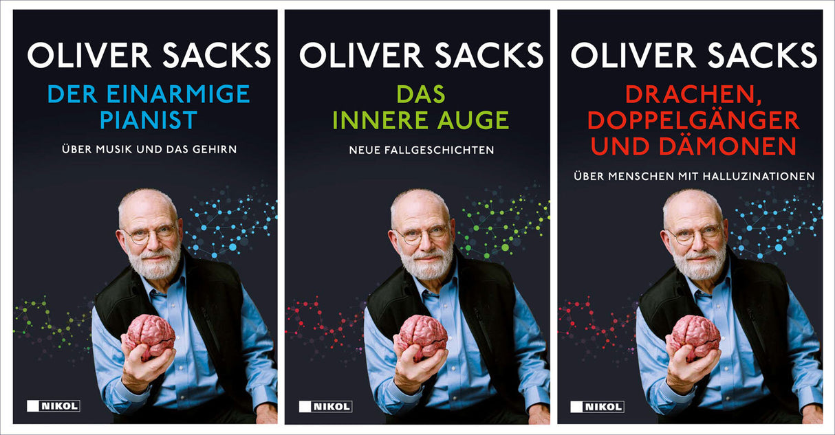 Drei Buchcover von Oliver Sacks, jeweils mit einem Mann, der ein Gehirn hält, und unterschiedlichen Titeln und Untertiteln.