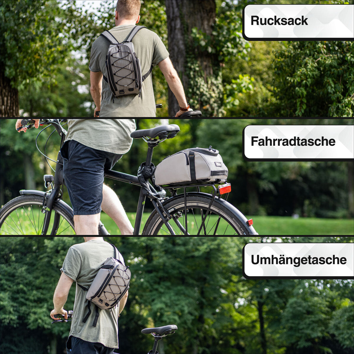 Drei Bilder zeigen einen Mann mit Rucksack, Fahrradtasche und Umhängetasche im Park.