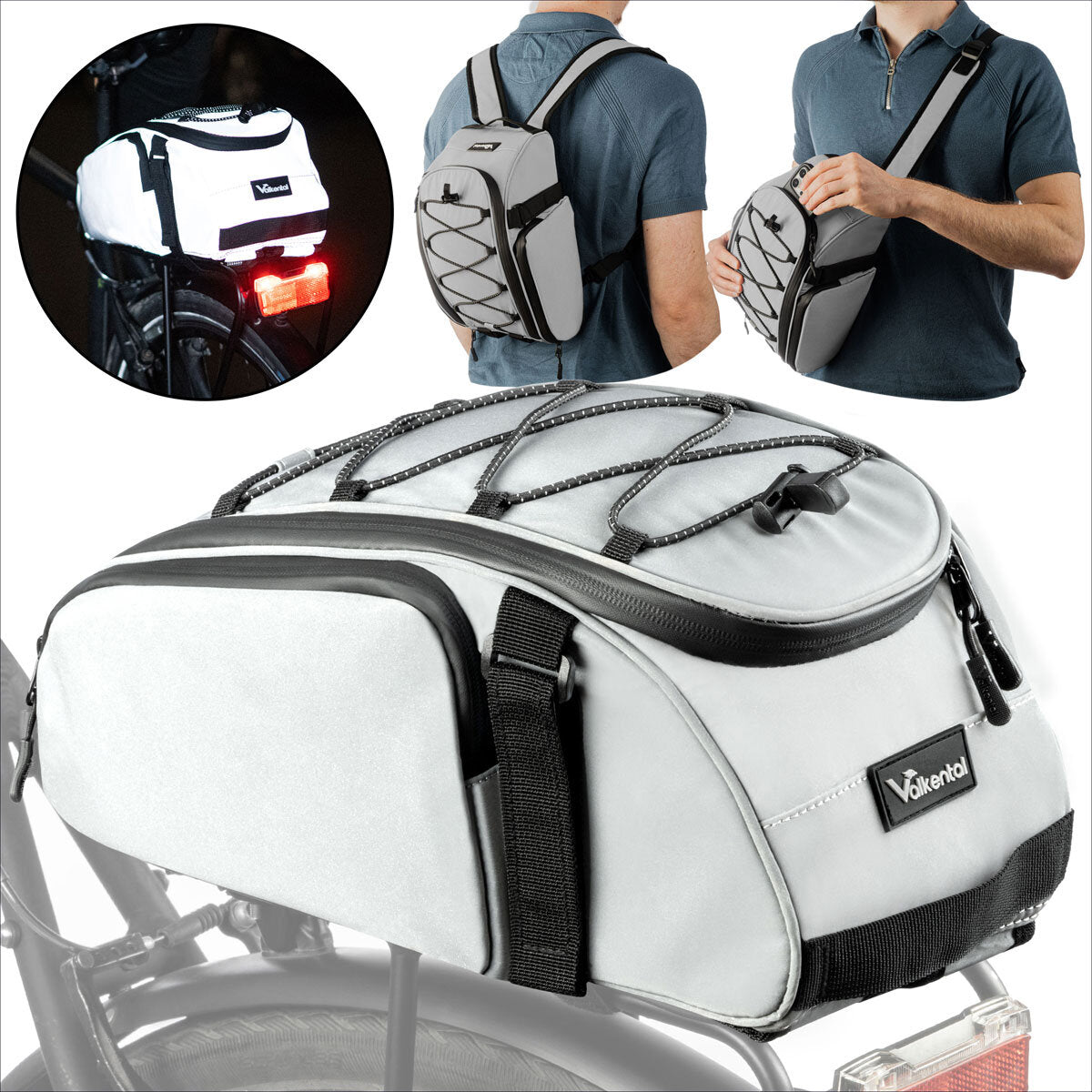 Fahrradtasche mit Befestigungsschlaufen, auf einem Fahrrad montiert, und zwei Männer mit Rucksack.