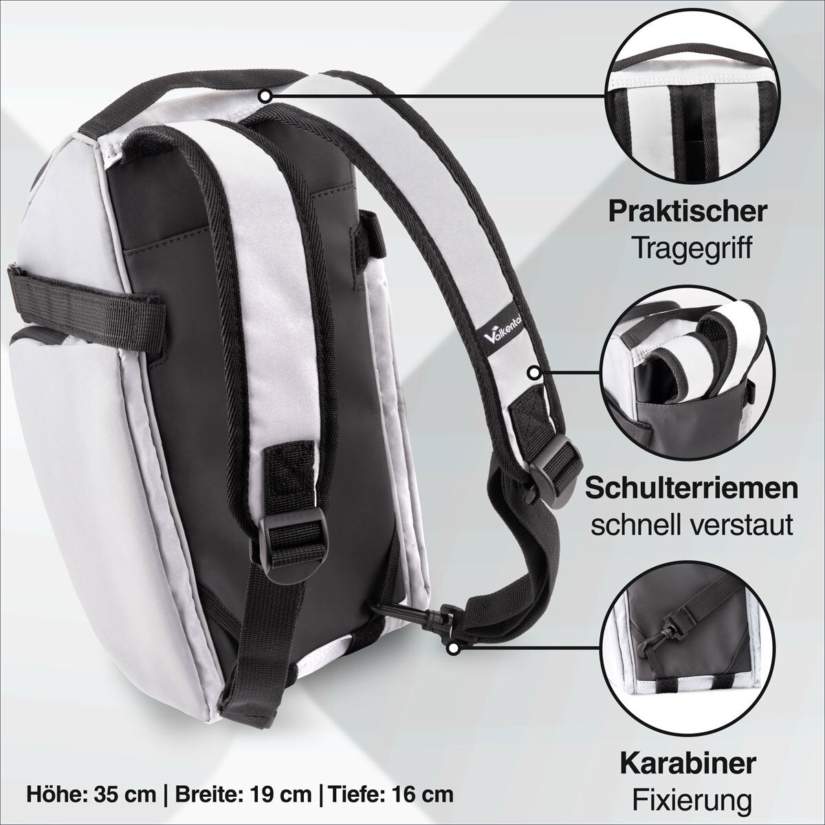 Rucksack mit Tragegriff, Schulterriemen, Karabiner-Fixierung, Maße 35x19x16 cm.