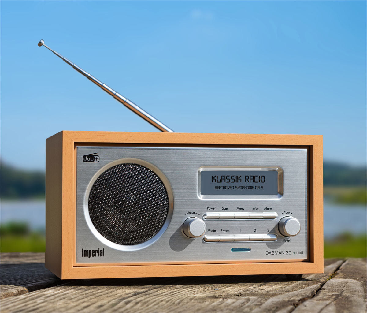 Kleiner, vintage Radio mit Holzrahmen, auf Holzplatte vor Wasser und blauer Himmel.
