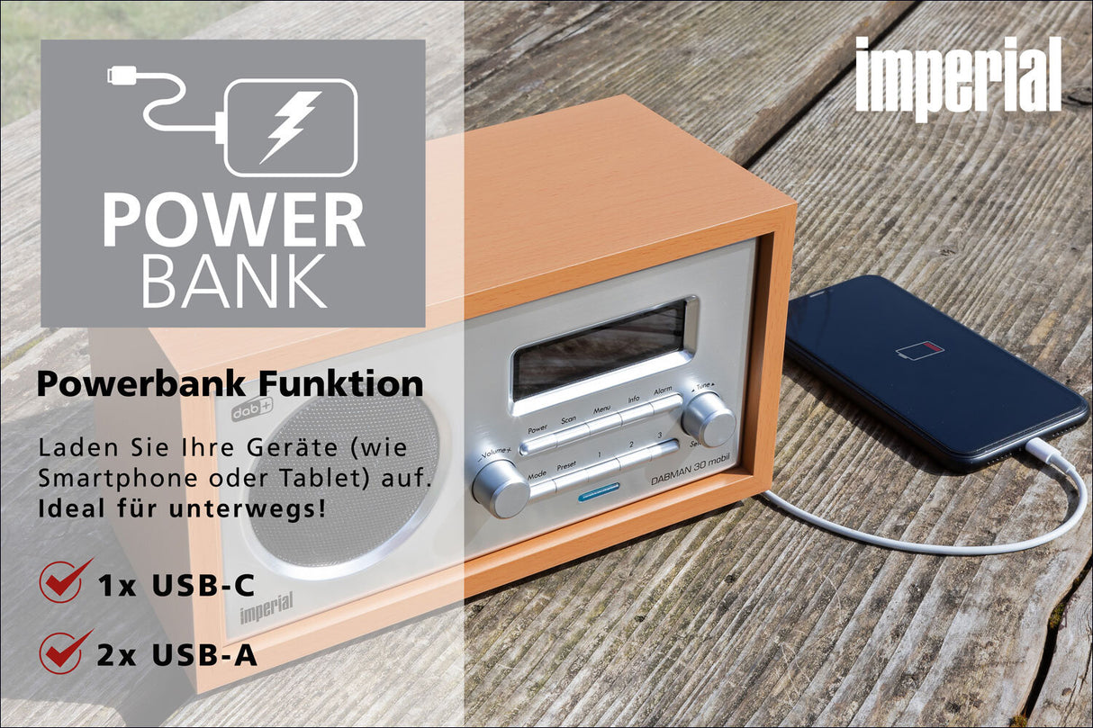 Ein Holzradio, das über USB-C und USB-A aufgeladen wird, liegt auf einer Holzoberfläche.