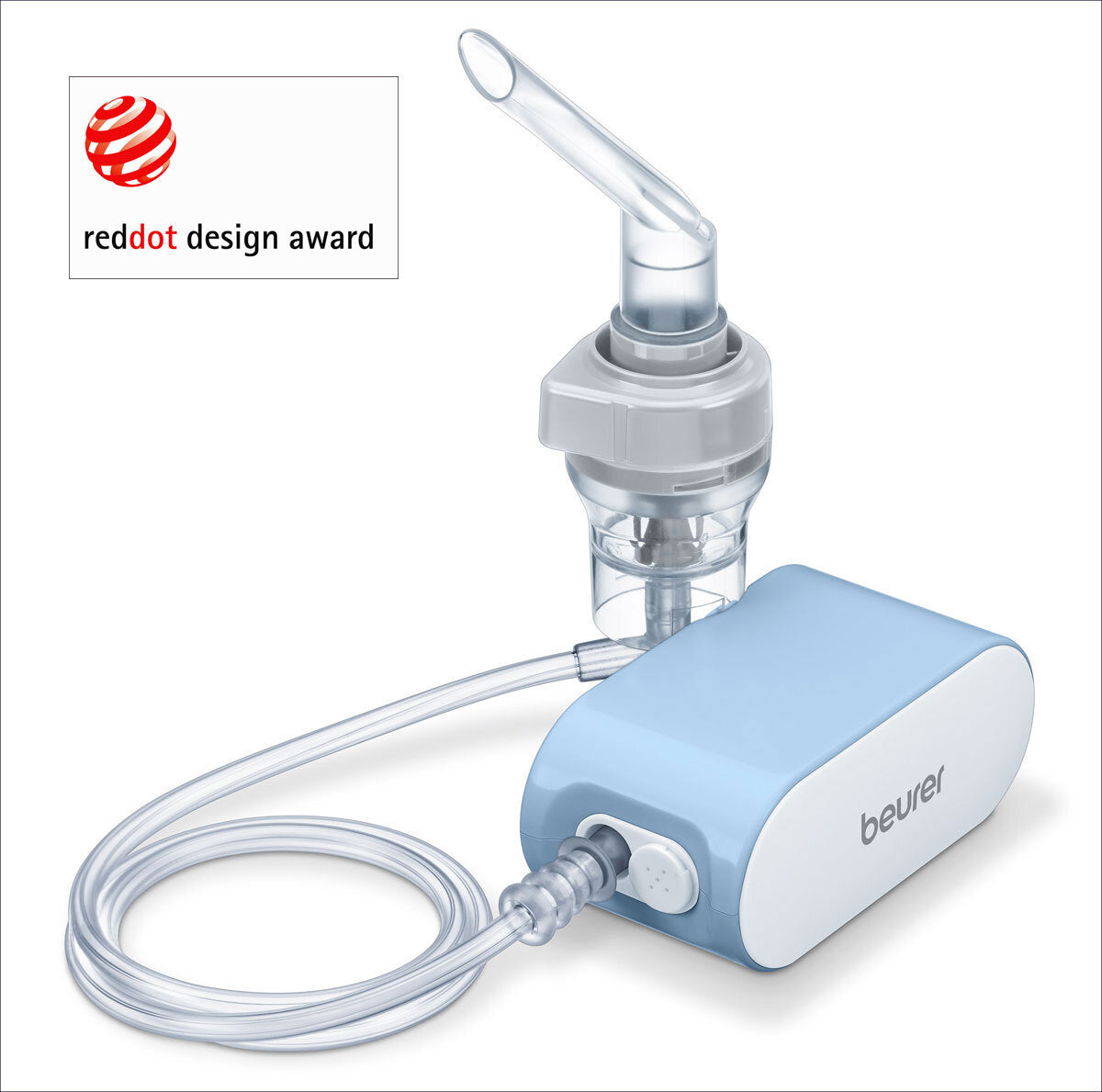 Inhalator mit blauer und weißer Basis, Schlauch und transparentem Mundstück, mit "beurer" Logo.
