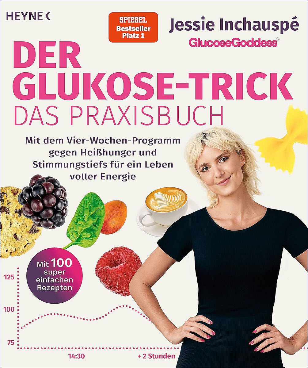 Buchcover mit Titel, Autorin Jessie Inchauspe, Glucose-Goddess-Logo, Früchte, Kaffee, Frau in schwarzem Shirt