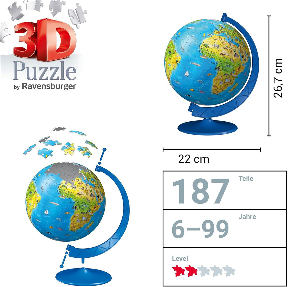 Weltglobus-Puzzle mit 187 Teilen, Maße: 22 cm breit, 26,7 cm hoch, für Kinder 6-99 Jahre, Level 3 von 4.
