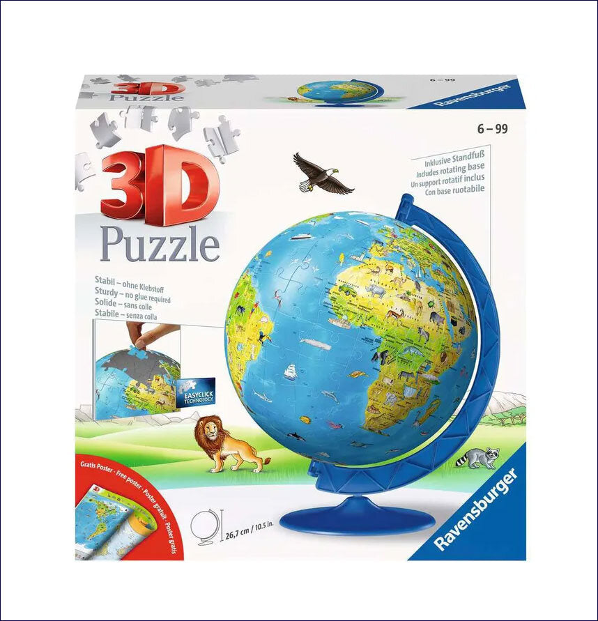 Weltglobus mit 3D-Puzzle, auf Verpackung mit Tieren und Texten in mehreren Sprachen.