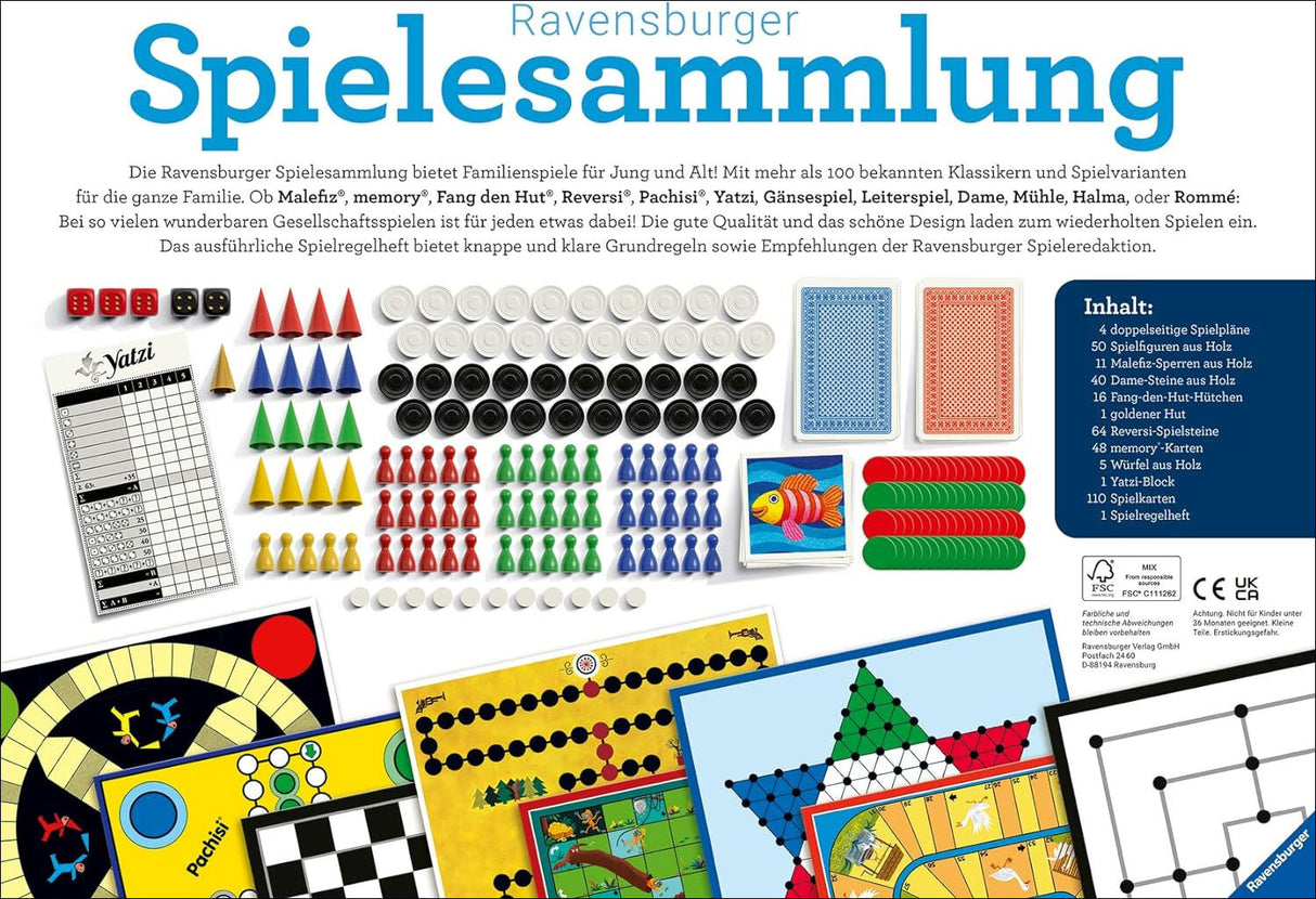 Übersicht über das Spielmaterial für die Ravensburger Spiele Sammlung, inklusive Spielpläne, Figuren, Karten und Würfel.