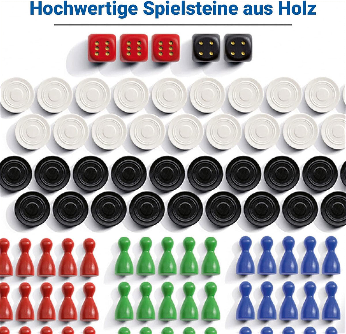 Holzspielsteine in Rot, Schwarz, Weiß, Grün und Blau, angeordnet in Reihen.