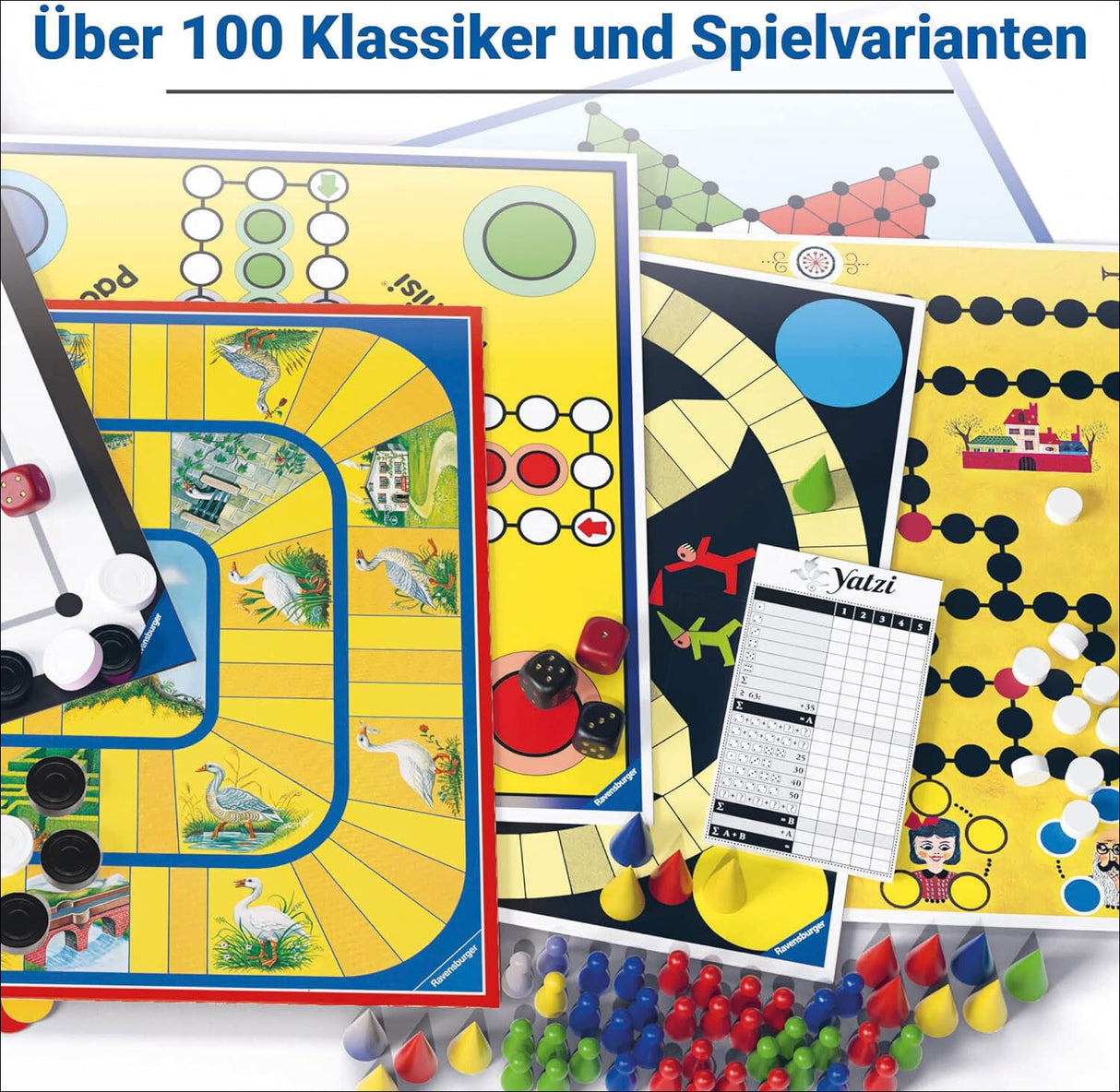 Verschiedene Brettspiele, Spielsteine, Würfel und Spielanleitungen für klassische und moderne Spiele.